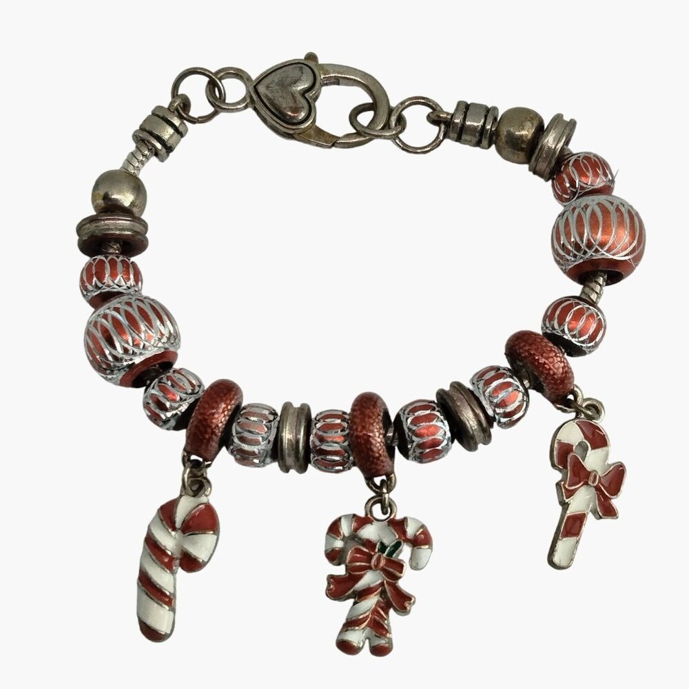 Candy Cane Charm Bracelet Silver Red White Festive Holiday Jewelry Christmas